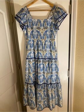 JODIFL Blue & White Paisley Square-Neck Ruffle Tiered Maxi Dress Small
